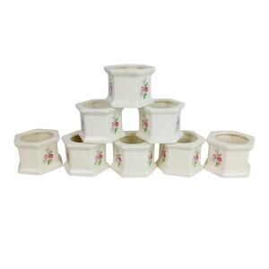 Vintage Set of 8 Cream Porcelain Pink Rose Cottage-core Napkin Rings
